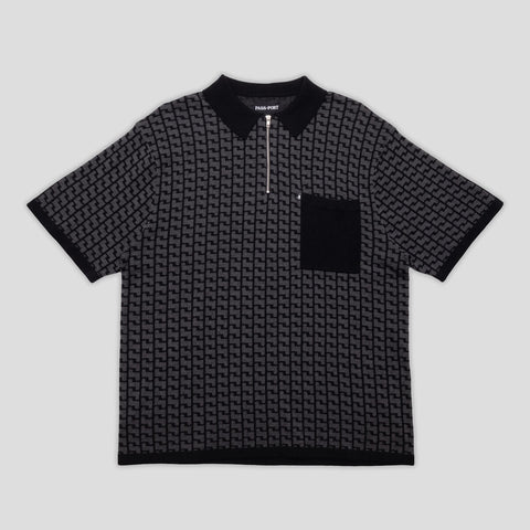Passport drain knit s/s polo shirt black